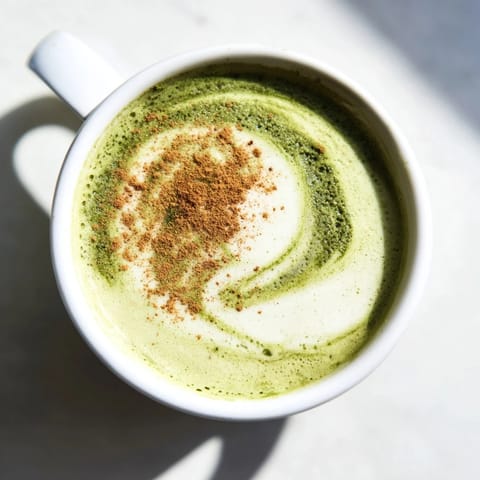 A vibrant green, frothy Cinnamon Maple Oat Milk Matcha Latte, garnished with cinnamon, ready to enjoy.