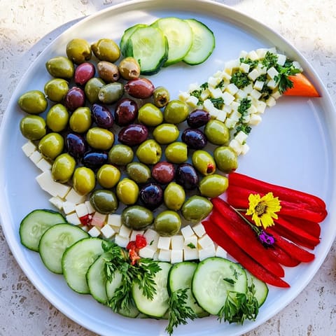 The Colombe de la Paix Olive Platter showcases a dove design with vibrant olives, feta, and Manchego cheeses, ready to serve.