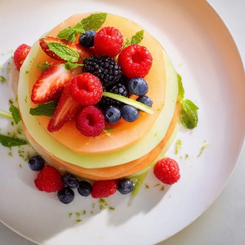 Beautiful fruit platter features juicy watermelon, cantaloupe, and berries artfully arranged on a platter.