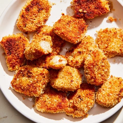 A close-up of delicious air fryer un-fried chicken nuggets, showcasing the perfectly crunchy panko breading.
