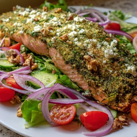 Imagine a plate of flavorful herb-crusted salmon salad with vibrant green mixed salad ready.