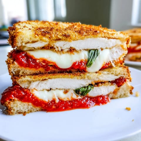 A close-up of a Chicken Parm Grilled Cheese, with gooey mozzarella stretching between layers of fried chicken and zesty marinara on buttery, garlicky bread.  