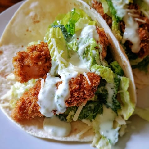 Freshly made Crispy Chicken Caesar Wrap with crunchy lettuce, grated Parmesan, and drizzled Caesar dressing, served on a rustic wooden board.  