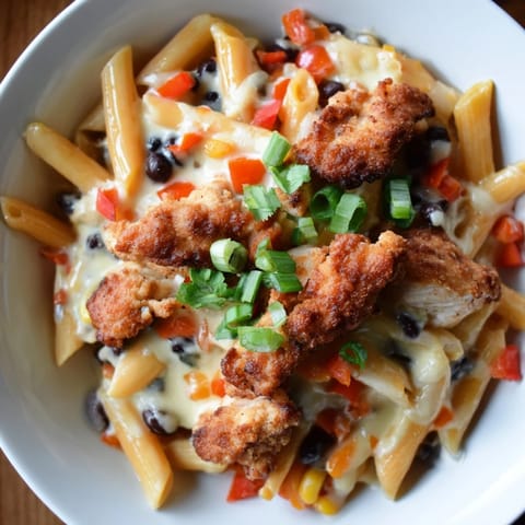 A close-up of Crispy Chicken Burrito Pasta with golden chicken pieces, black beans, and corn nestled in cheesy pasta.  