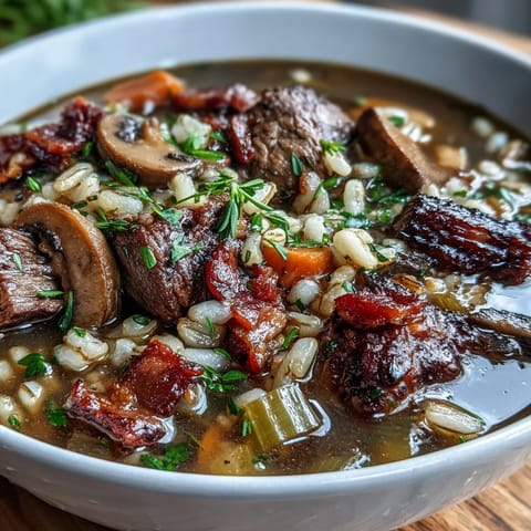 Hearty Beef and Barley Soup with Mushrooms is served in a rustic bowl with fresh parsley garnish.