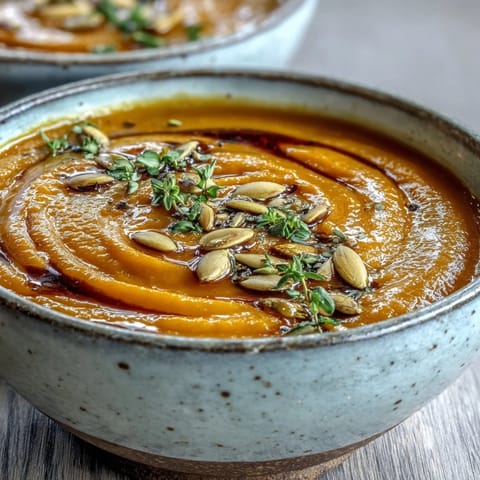 Creamy orange Butternut Squash Soup in a rustic bowl garnished with pumpkin seeds and thyme.
