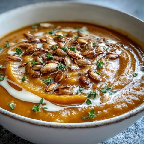 A bowl of Roasted Butternut Squash Soup topped with seeds, served with a slice of crusty bread.