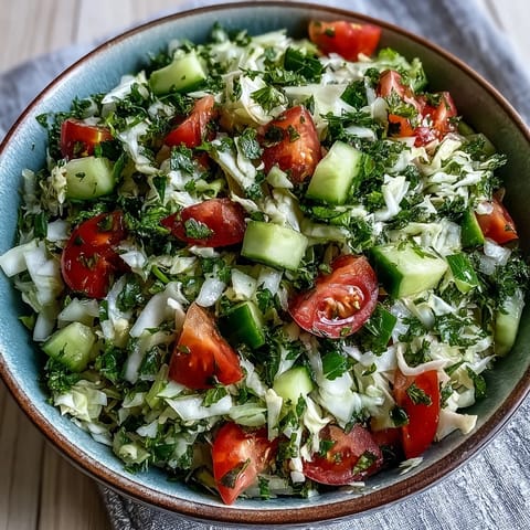 Colorful vegan Lebanese Cabbage Salad featuring shredded green cabbage, diced tomatoes, cucumber, and green onions for a refreshing side dish.  