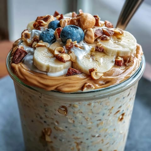 Healthy High-Protein Peanut Butter Overnight Oats breakfast served in a jar with a spoon.