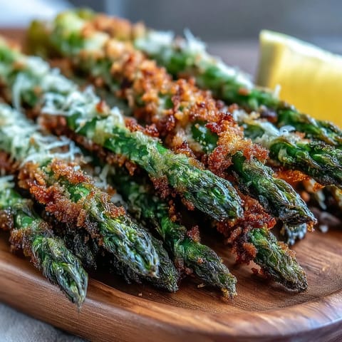 Golden panko and Asiago coated asparagus spears, garnished with parsley and ready to dip.