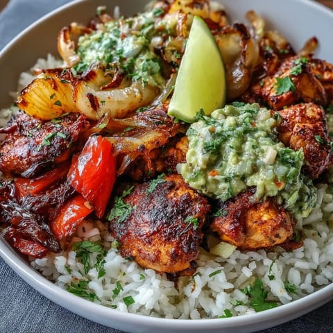 Sheet Pan Chicken Tinga Bowl topped with chunky avocado salsa, fresh cilantro, and bright lime wedges on a rustic wooden table.