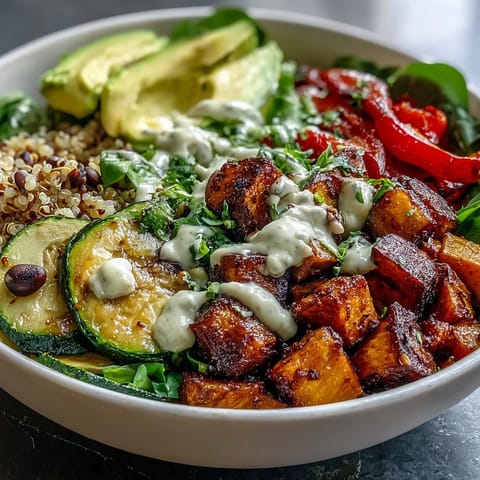 A close-up of a vibrant vegan Buddha bowl featuring warm black-eyed peas, fluffy quinoa, sautéed kale, and colorful roasted vegetables, ready to be enjoyed for lunch.