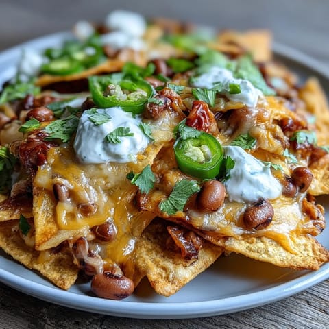 Black-Eyed Pea Nachos piled high on a platter, featuring melted cheddar cheese, tangy sour cream, and fresh jalapeño slices.