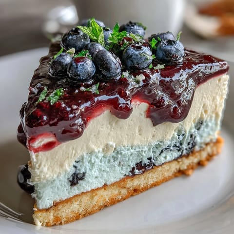 Layers of tangy lemon mousse and purple blueberry compote sit on a crumbly shortbread base.