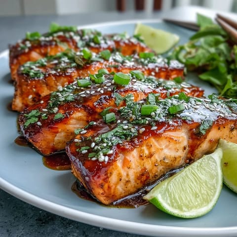 A close-up of pan-seared Bang Bang Salmon topped with vibrant green onions and a generous glaze of zesty Bang Bang sauce, perfect for a weeknight meal.