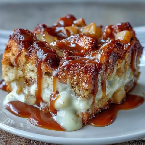 Golden squares of Caramel Apple Cheesecake Bread Pudding are baked until puffed and drizzled with extra caramel sauce.
