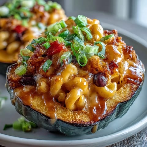 Roasted acorn squash halves are generously stuffed with cheesy Hot Honey Chili Mac and topped with bubbly cheddar.
