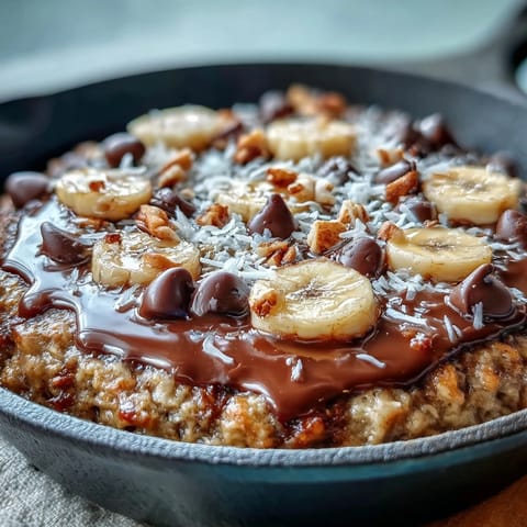 Slices of gooey Chunky Monkey Oatmeal Cookie Skillet reveal mashed banana, chocolate chips, and toasted walnuts.