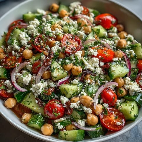 Freshly diced cucumbers and bright cherry tomatoes in Mediterranean Chickpea Salad topped with crumbled feta and zesty lemon-oregano dressing.