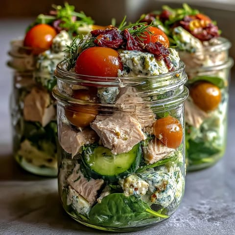 Keto avocado chicken salad mason jars with fresh spinach, tomatoes, and cucumber in a zesty lime dressing.