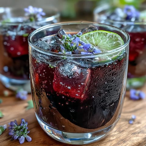 Refreshing black currant gin cocktail served over ice with a citrus twist and botanical garnish.  