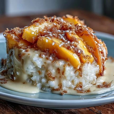Silky, fragrant mango sticky rice served with ripe mango wedges and a drizzle of sweet coconut cream.  