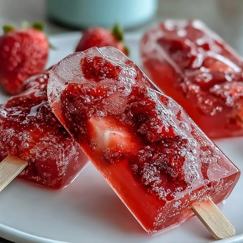 Refreshing Galentine's strawberry mimosa popsicles made with fresh strawberries, orange juice, and bubbly Prosecco, served in a festive glass.