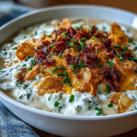 Rich and comforting funeral potatoes loaded baked potato soup, topped with crunchy kettle chips and fresh chives.  