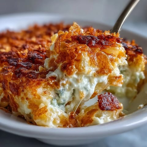 A comforting lightened casserole of cheesy shredded potatoes baked with Greek yogurt and topped with crispy cornflakes.  