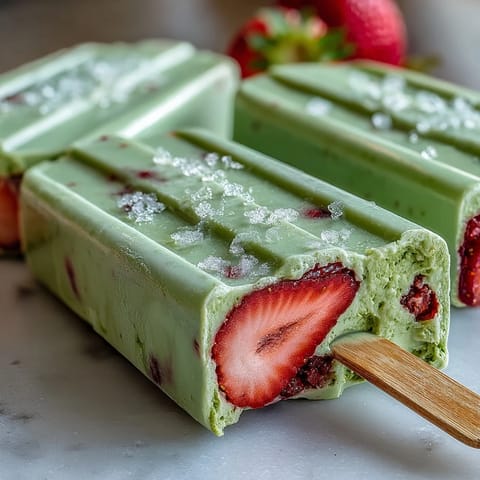 Silky strawberry and matcha latte popsicles, swirled together in creamy harmony, offering a refreshing burst of spring flavor.