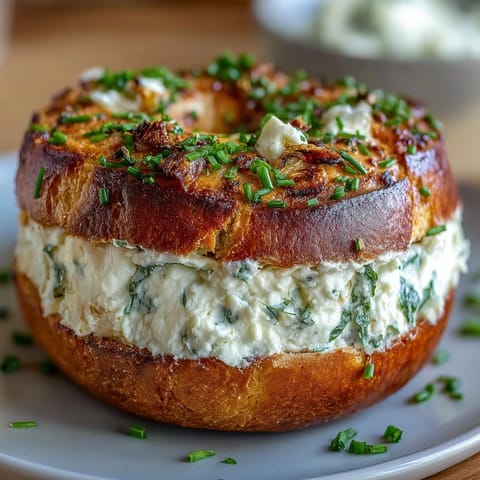 High-protein garlic herb bagels topped with creamy cottage cheese spread and fresh chives for a nutritious breakfast.  