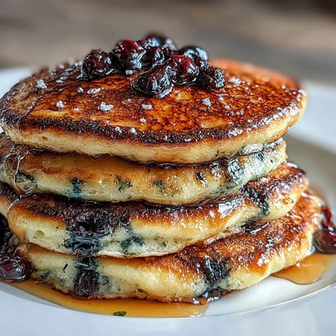 Golden sourdough pancakes bursting with fresh blueberries and bright lemon zest, stacked high on a rustic plate.  
