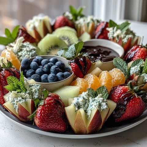 Baby in Bloom Fruit Platter with Yogurt Dip: A colorful spring fruit arrangement in a flower design, served with creamy honey-yogurt dip for baby showers.