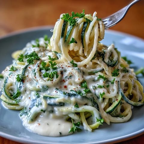 Creamy cottage cheese Alfredo sauce drizzled over fresh zucchini noodles, garnished with parsley and Parmesan.  