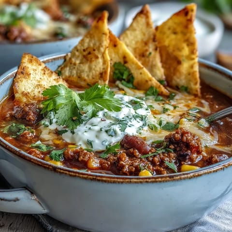 A steaming bowl of taco soup filled with seasoned ground beef, beans, and colorful vegetables, garnished with shredded cheese and cilantro.  
