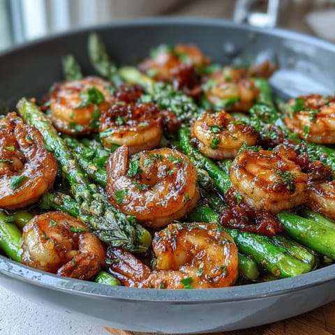 Healthy Easy One-Pan Lemon Garlic Shrimp and Asparagus with vibrant green spears and juicy shrimp, roasted to perfection in a zesty garlic-lemon sauce.