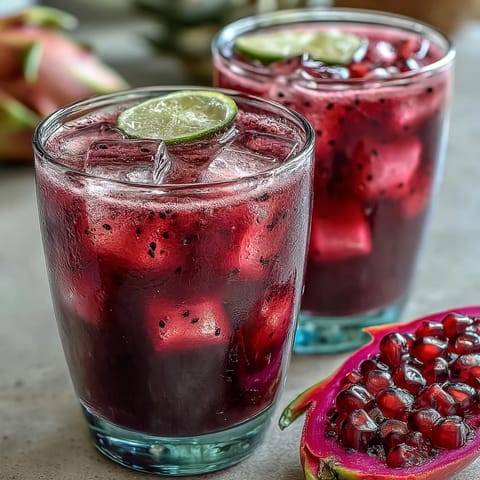 A creamy, vibrant dragon fruit refresher with coconut milk and strawberries, served over ice.