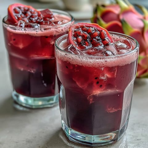 Refreshing tropical coconut milk drink with dragon fruit, strawberries, and citrus, perfect for summer.