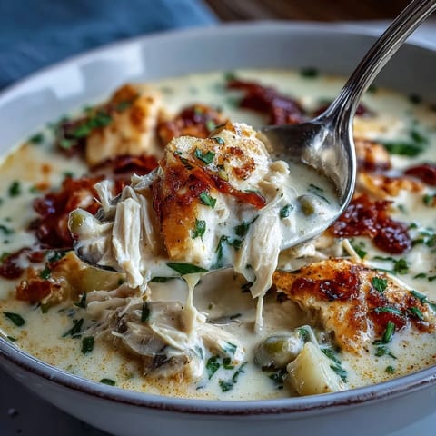 Slow Cooker Chicken Pot Pie Soup with tender chicken, hearty vegetables, and creamy broth in a rustic bowl.  