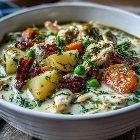 Comforting chicken pot pie soup with golden potatoes, peas, and flaky biscuit topping for a cozy dinner.  