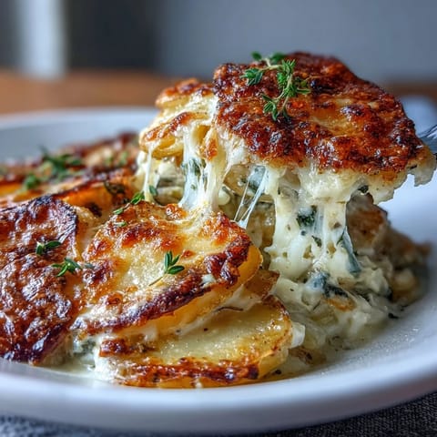 Creamy scalloped potatoes with Gruyere cheese, baked until golden and bubbling with a garlicky cream sauce and tender potato layers.