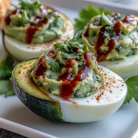 Vibrant deviled eggs made with mashed avocado, lime, and Dijon, finished with a fiery Sriracha kick and fresh cilantro.