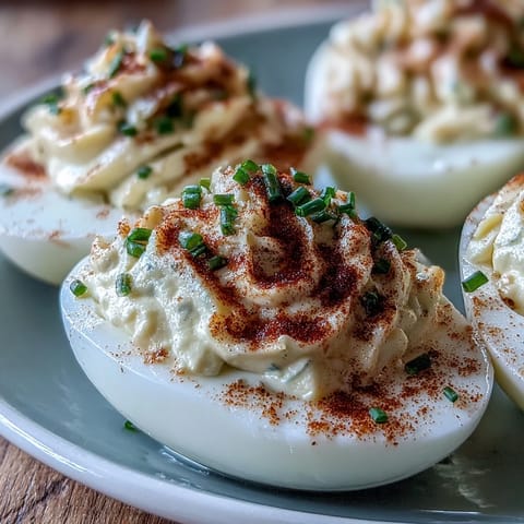 Classic Deviled Eggs with Paprika and Chives on a white serving platter, creamy yolk filling piped into egg whites, topped with smoky paprika and fresh green chives.