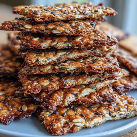 Golden baked seed crackers featuring flax, sunflower, and sesame seeds, ideal for serving with cheese or dips.