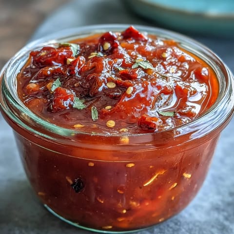 Fiery red chili peppers and garlic ferment in brine for a week, creating a tangy, complex hot sauce.  