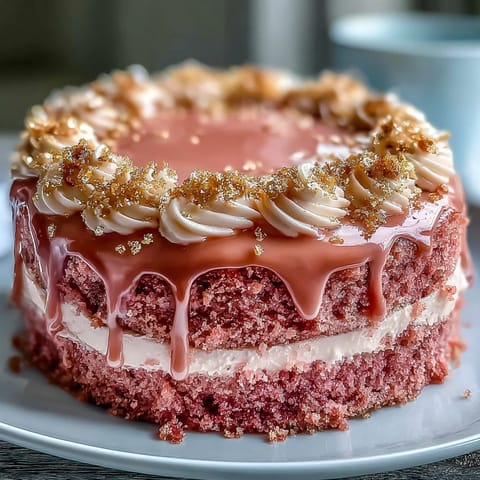 Elegant pink velvet cake infused with rosé wine, topped with cream cheese frosting and shimmering gold drip for bridal shower celebrations.