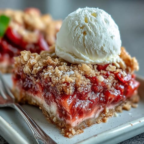 Sweet and tangy Strawberry Rhubarb Crumble Bars baked to golden perfection, with buttery crumble layers.  