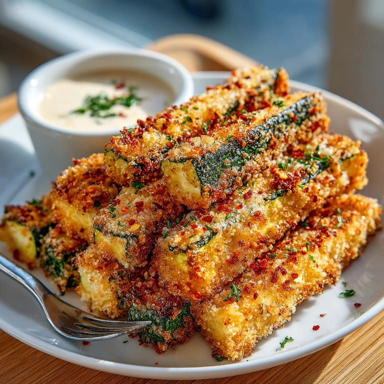 Baked Parmesan Zucchini Fries arranged on a plate beside a tangy homemade garlic dipping sauce.