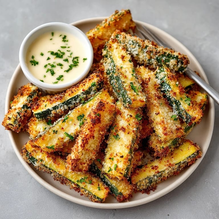 Oven-baked Crispy Parmesan Zucchini Fries on parchment, ready to enjoy with cool garlic dip.