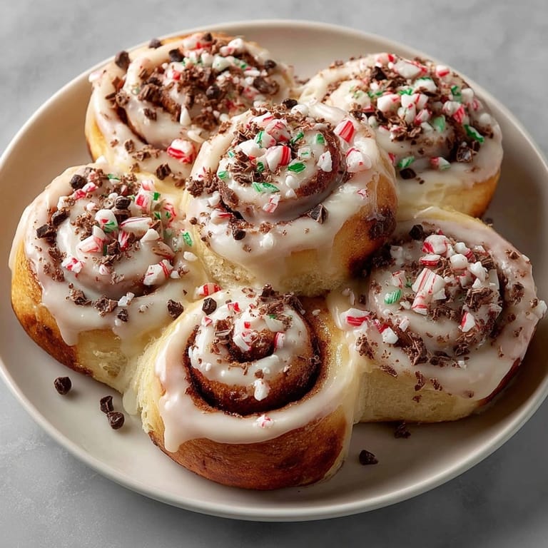 Warm peppermint bark cinnamon rolls topped with festive white glaze and bits of peppermint candy, ready to serve.